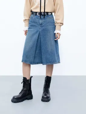 Denim Pleated Midi Skirt