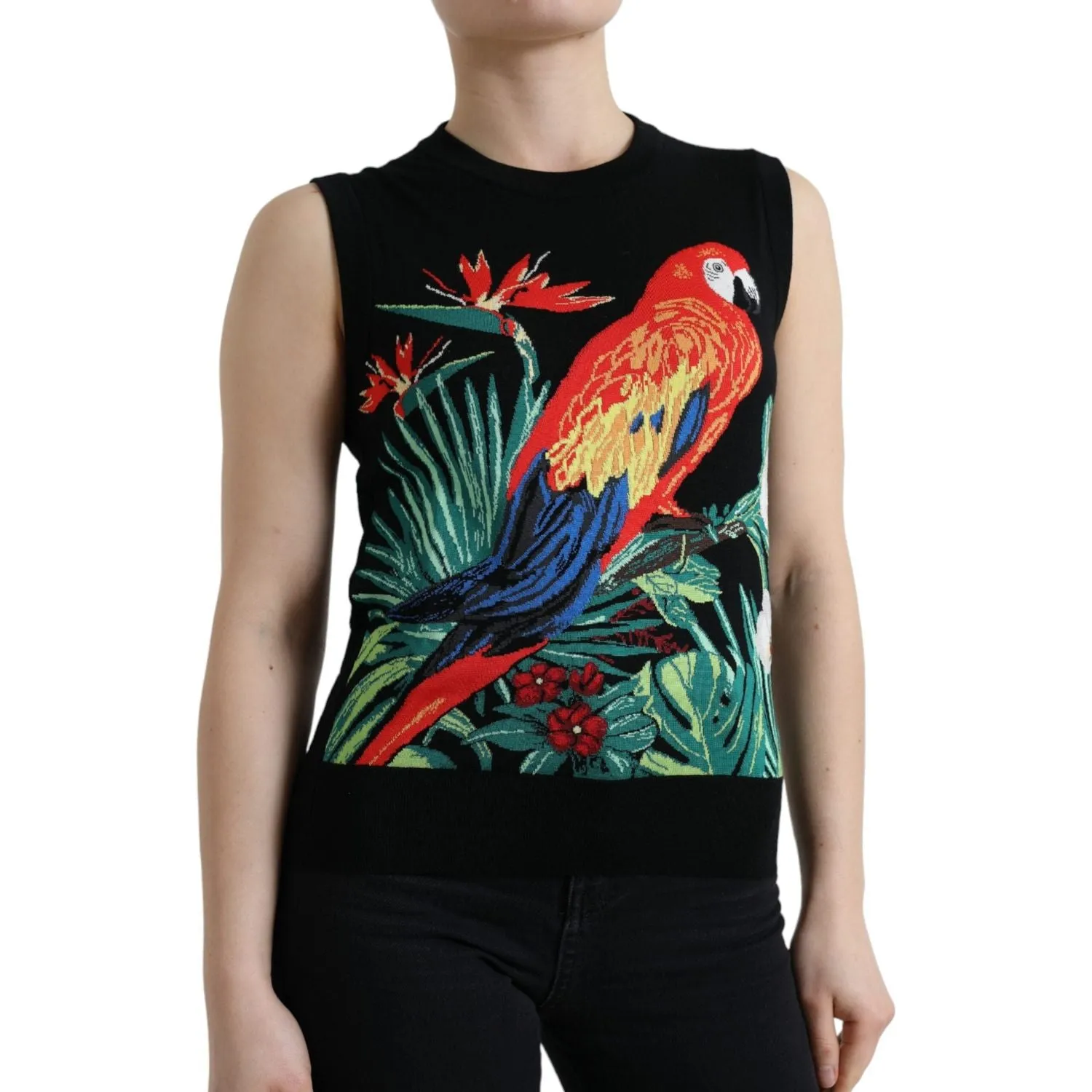 Dolce & Gabbana Elegant Crew Neck Wool Silk Tank with Bird Embroidery