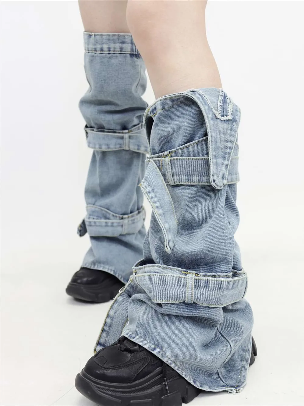 Double Strap Denim Leg Warmers