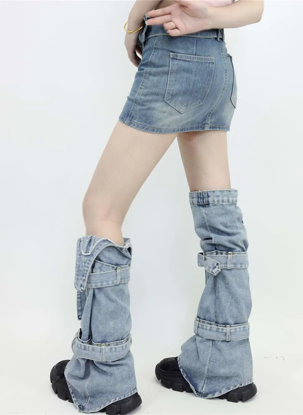 Double Strap Denim Leg Warmers