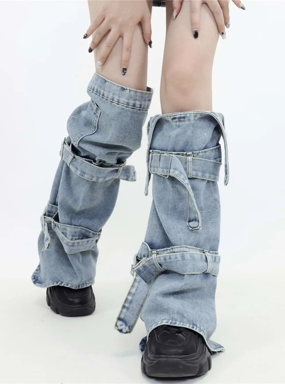 Double Strap Denim Leg Warmers