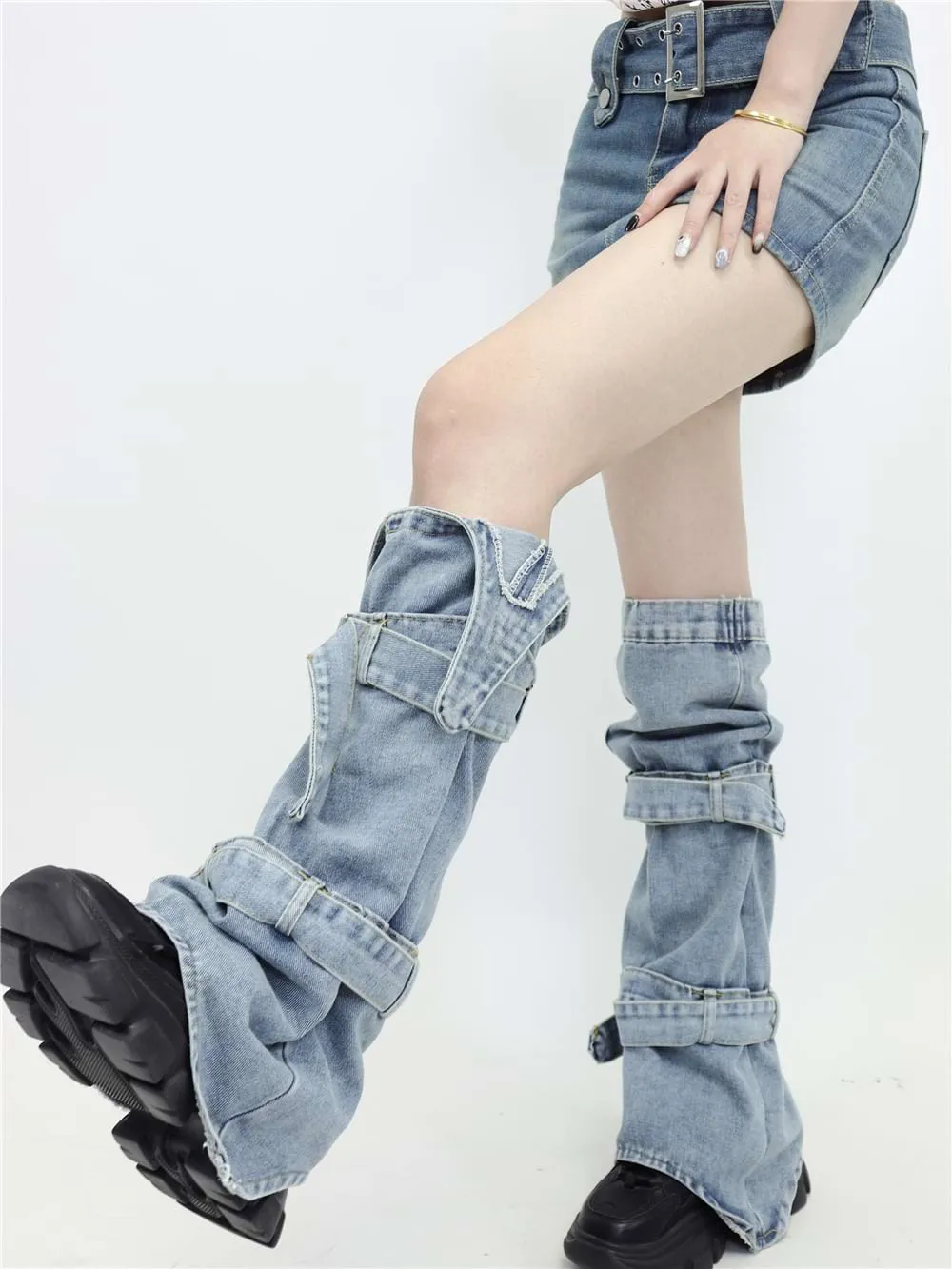 Double Strap Denim Leg Warmers