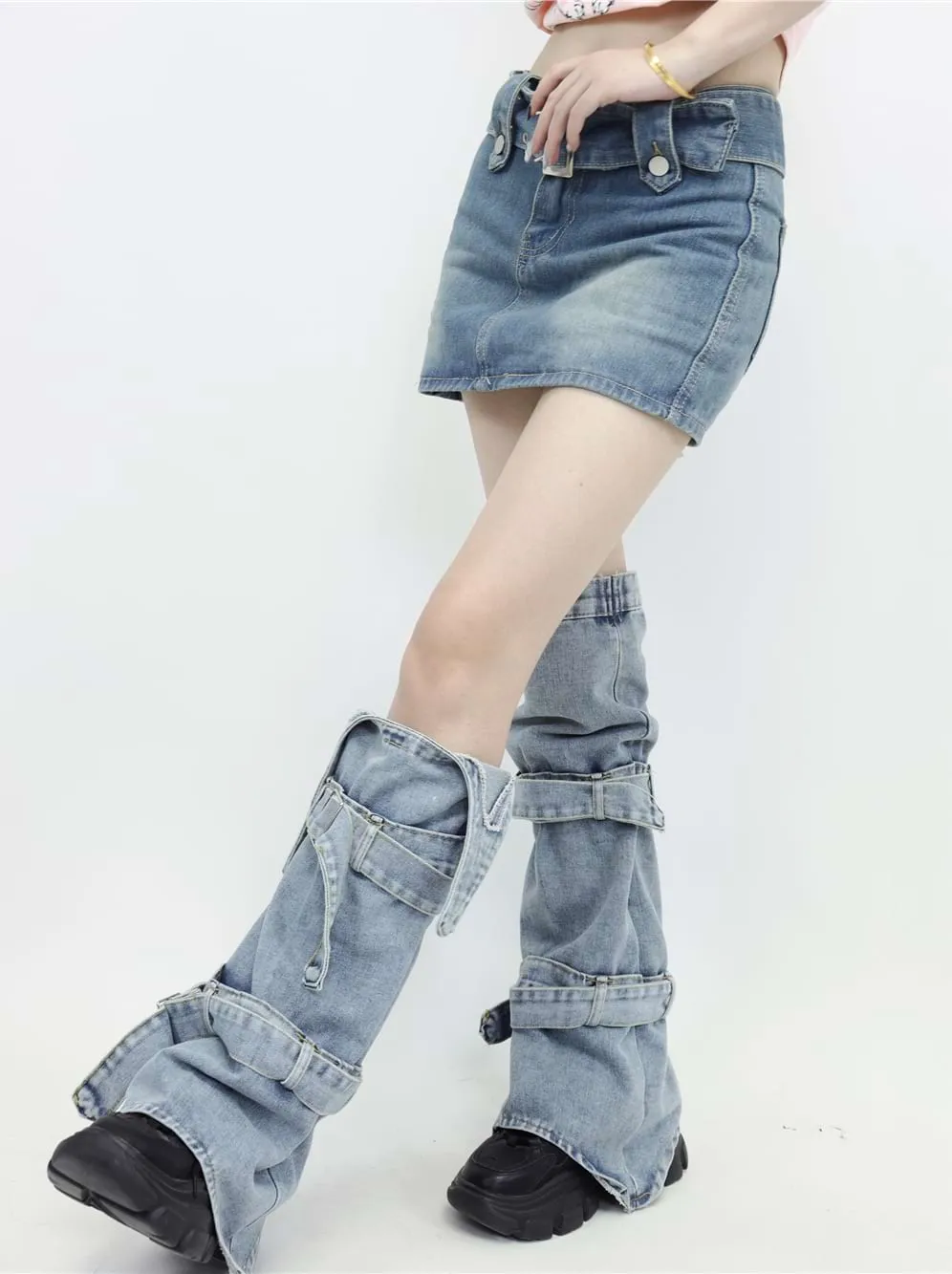 Double Strap Denim Leg Warmers