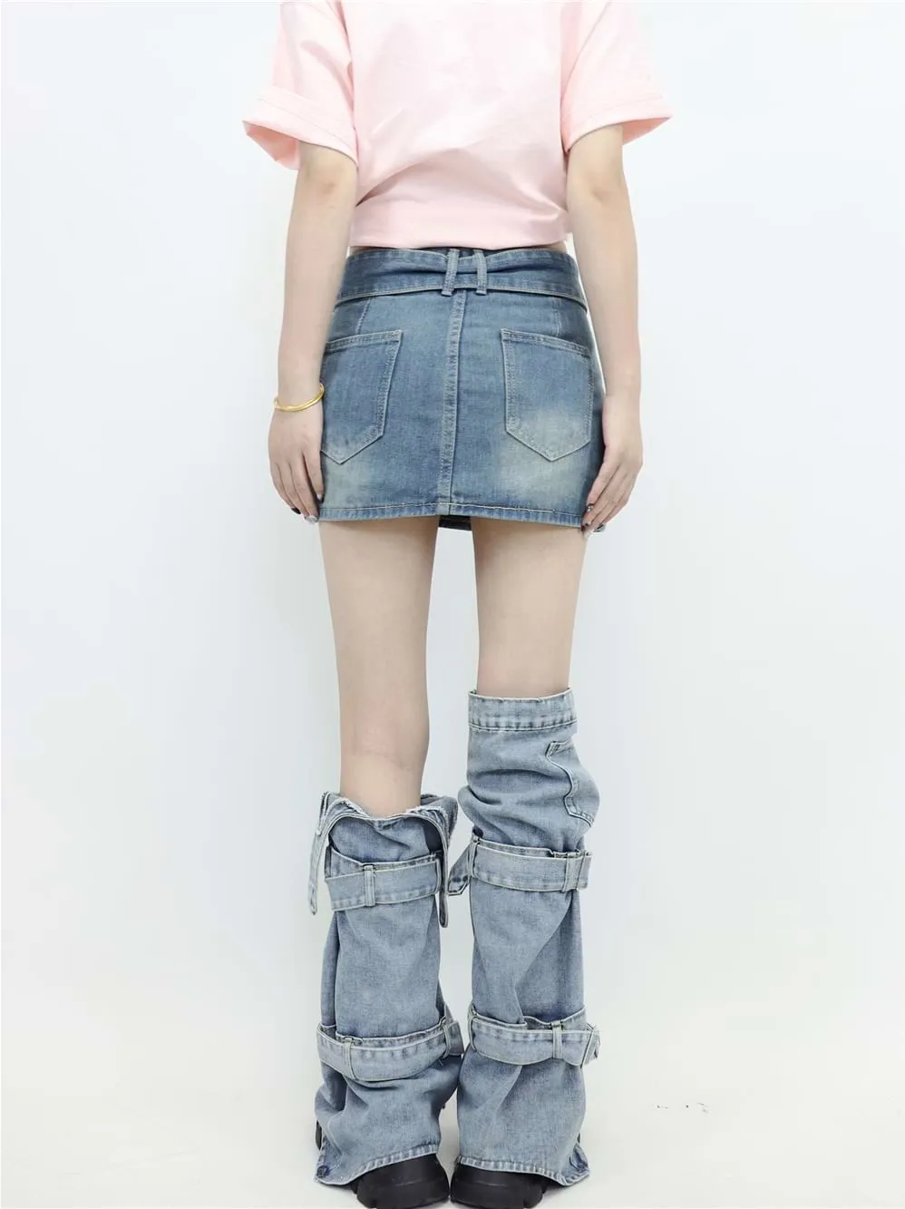 Double Strap Denim Leg Warmers