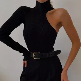 Elegance Redefined: One Shoulder Knitted Bodysuit with Turtleneck - Chic Black Ladies Skinny Bodysuit