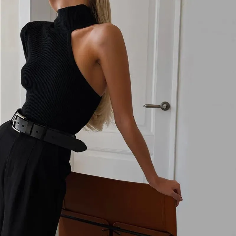 Elegance Redefined: One Shoulder Knitted Bodysuit with Turtleneck - Chic Black Ladies Skinny Bodysuit