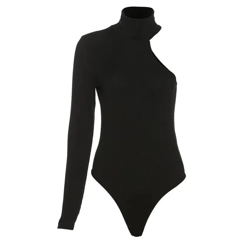 Elegance Redefined: One Shoulder Knitted Bodysuit with Turtleneck - Chic Black Ladies Skinny Bodysuit