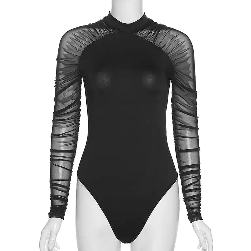 Elegant Women's Mesh Bodysuit Long Sleeve Turtleneck Bodycon