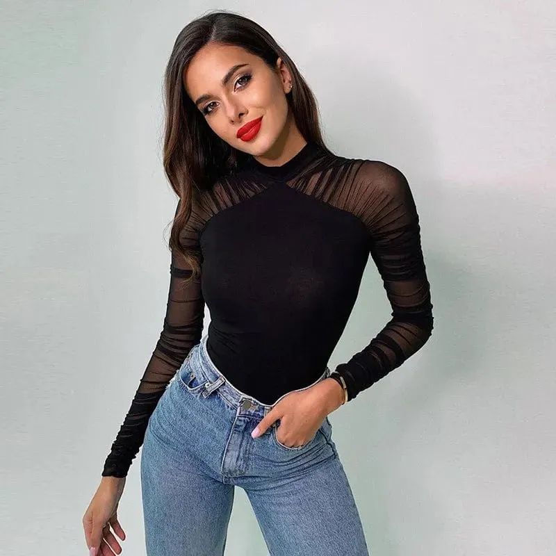 Elegant Women's Mesh Bodysuit Long Sleeve Turtleneck Bodycon