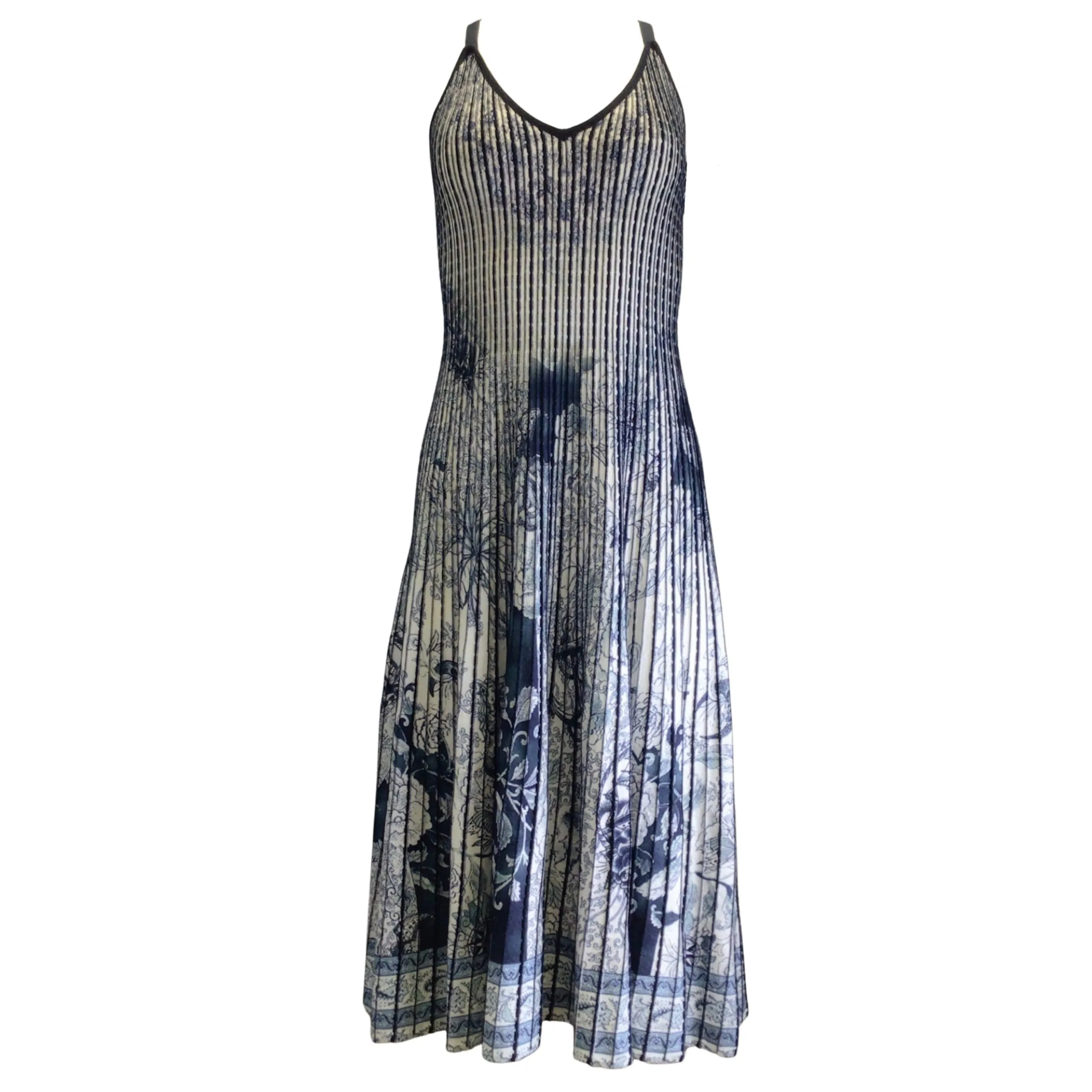 Etro Navy Blue / Ivory Beatrice Printed Sleeveless V-Neck Knit Midi Dress