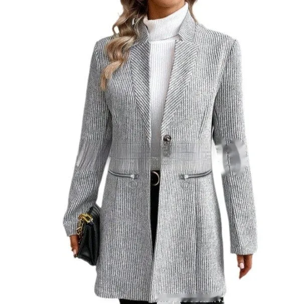 European And American Leisure Vertical Pattern Women's Woolen Jacket Zipper