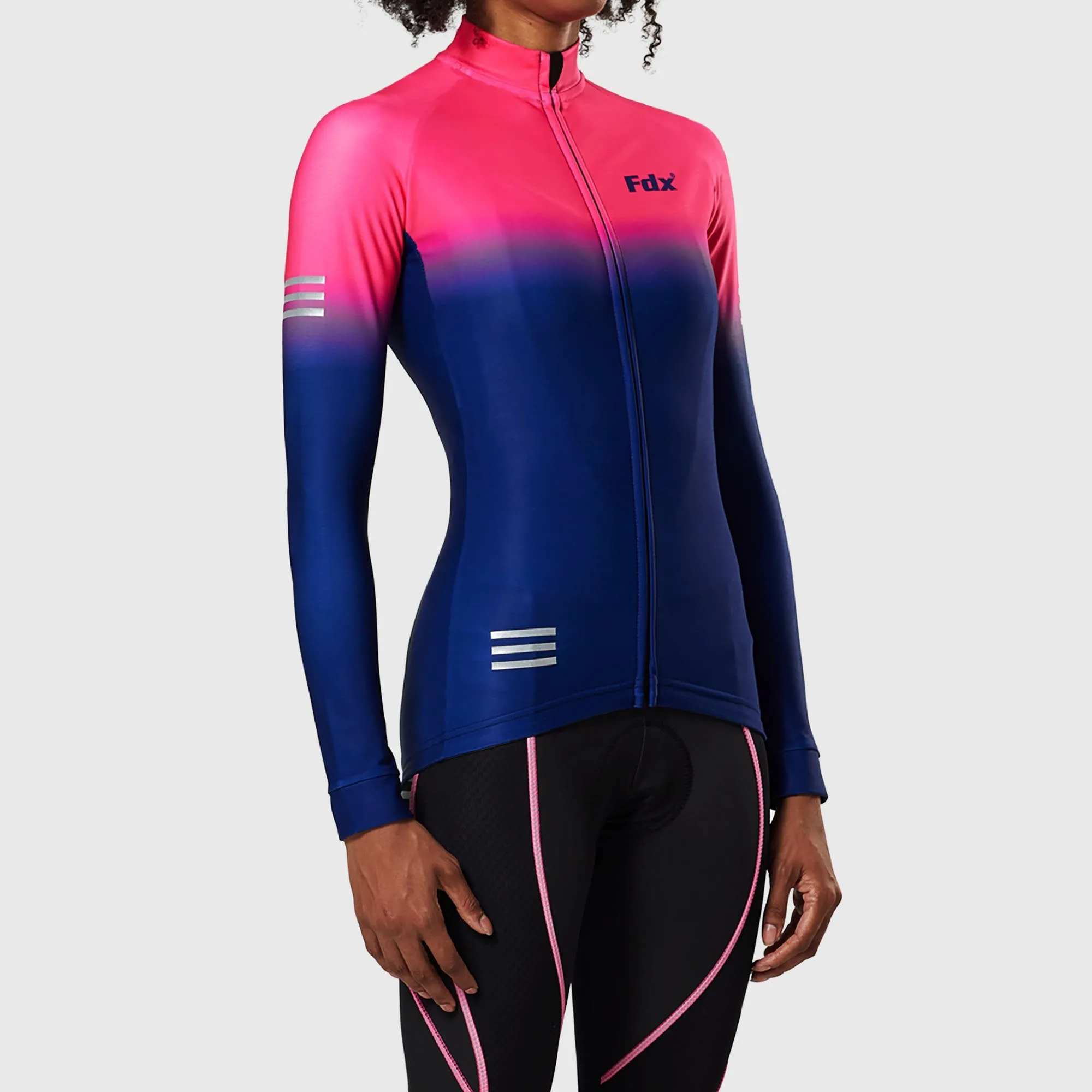 Fdx Women's & Girl's Set Duo Thermal Super Roubaix Pink / Blue Long Sleeve Cycling Jersey & Bib Tights