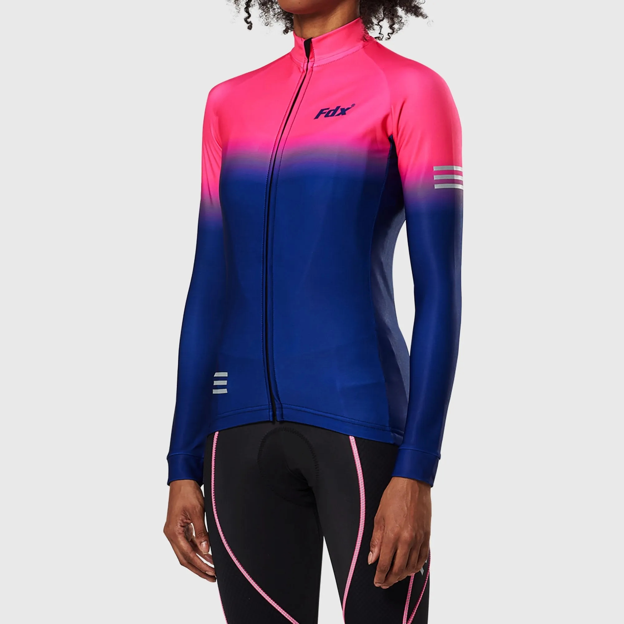 Fdx Women's & Girl's Set Duo Thermal Super Roubaix Pink / Blue Long Sleeve Cycling Jersey & Bib Tights