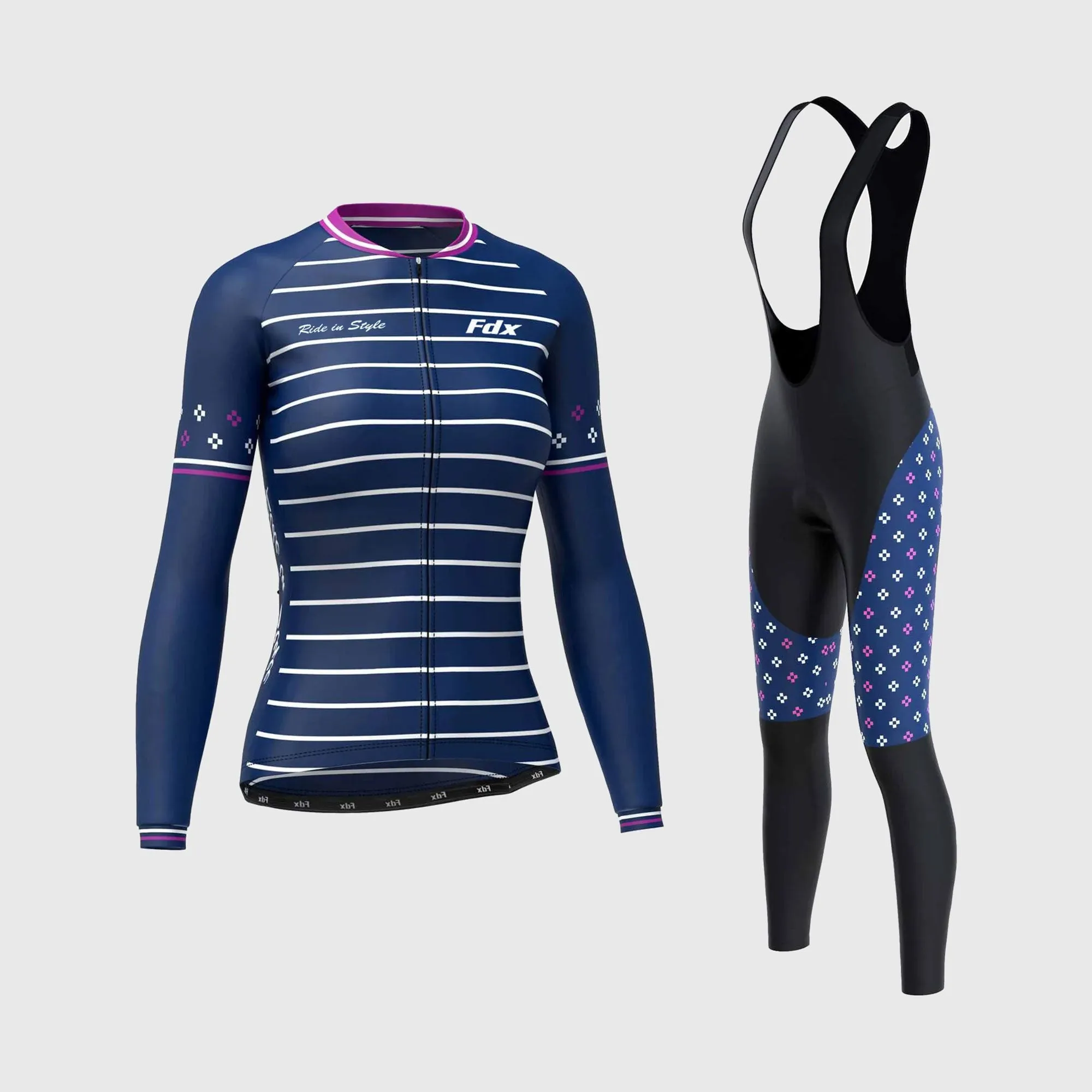 Fdx Women's & Girl's Set Ripple Thermal Super Roubaix Navy Blue Cycling Jersey & Bib Tights