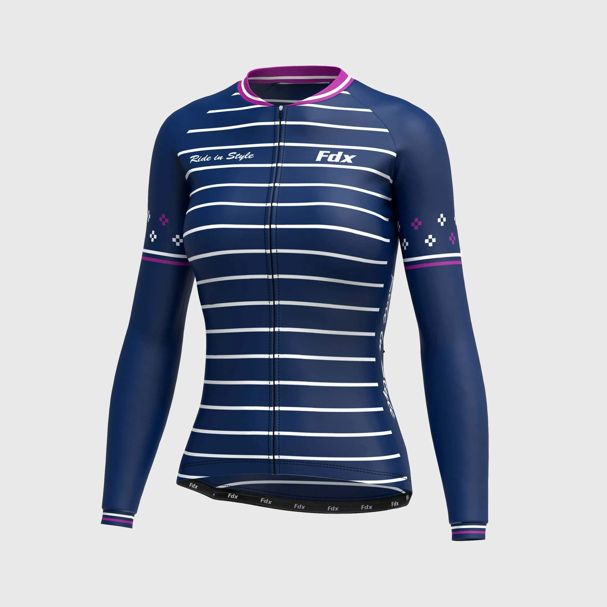 Fdx Women's & Girl's Set Ripple Thermal Super Roubaix Navy Blue Cycling Jersey & Bib Tights