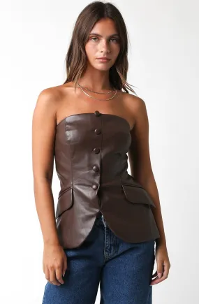 Flared Button Leather Top Brown