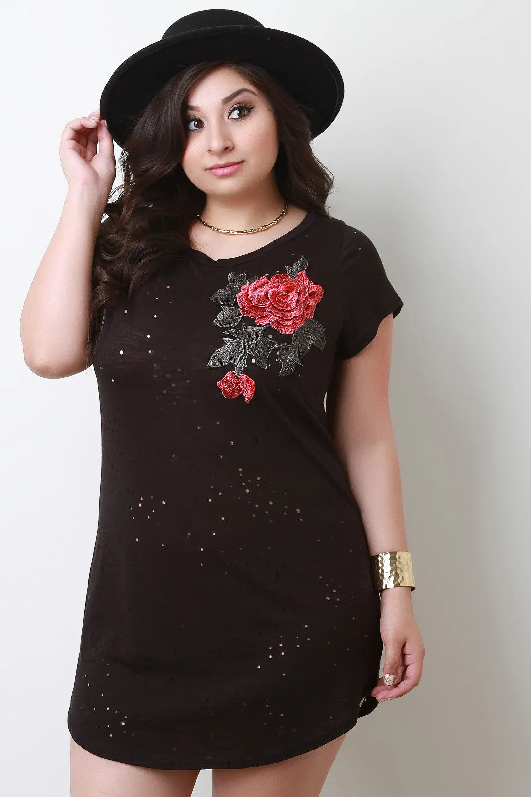 Floral Applique Distressed Short Sleeve Tee Dress