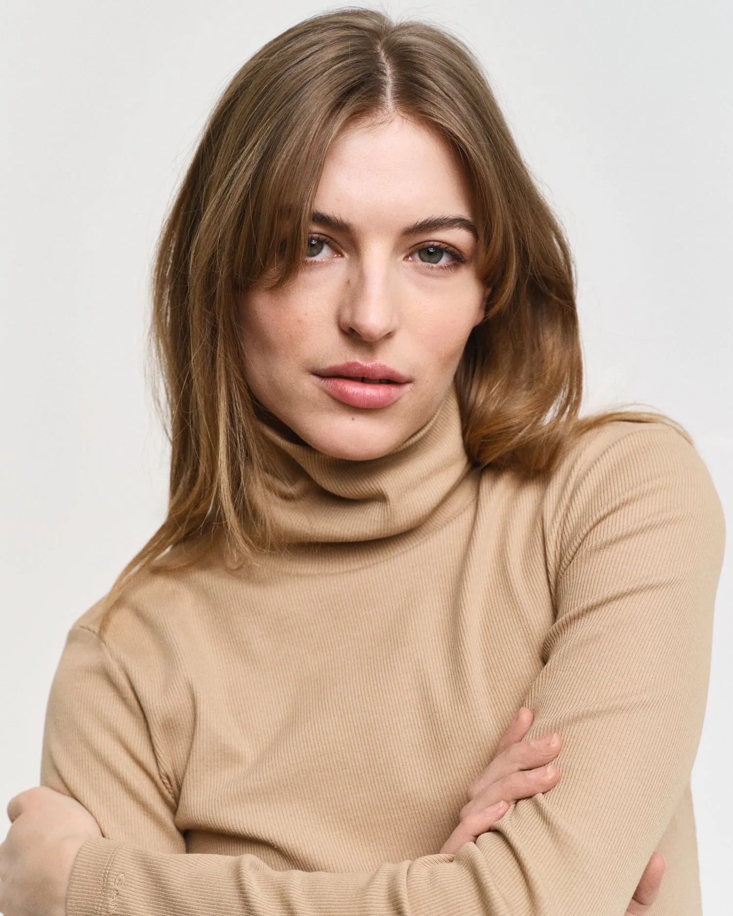 Gant Women Beige Solid Turtle Neck Full Sleeves Top