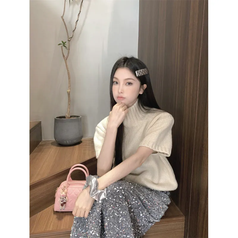 Girlary-shop fall brunch outfit Chic Fashionable Young Girl Soft Glutinous Half Turtleneck Half Sleeve Sweater Slimming