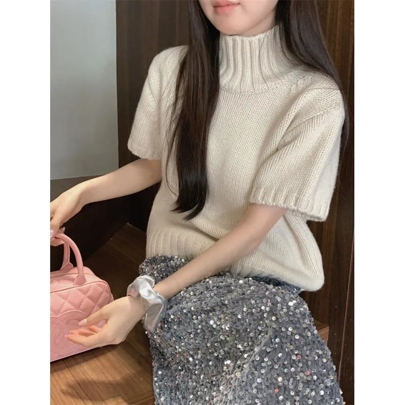 Girlary-shop fall brunch outfit Chic Fashionable Young Girl Soft Glutinous Half Turtleneck Half Sleeve Sweater Slimming