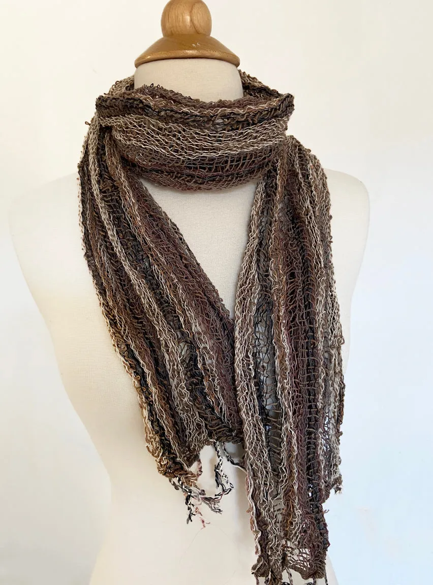 Handwoven Open Weave Cotton Scarf - Multicolor Browns