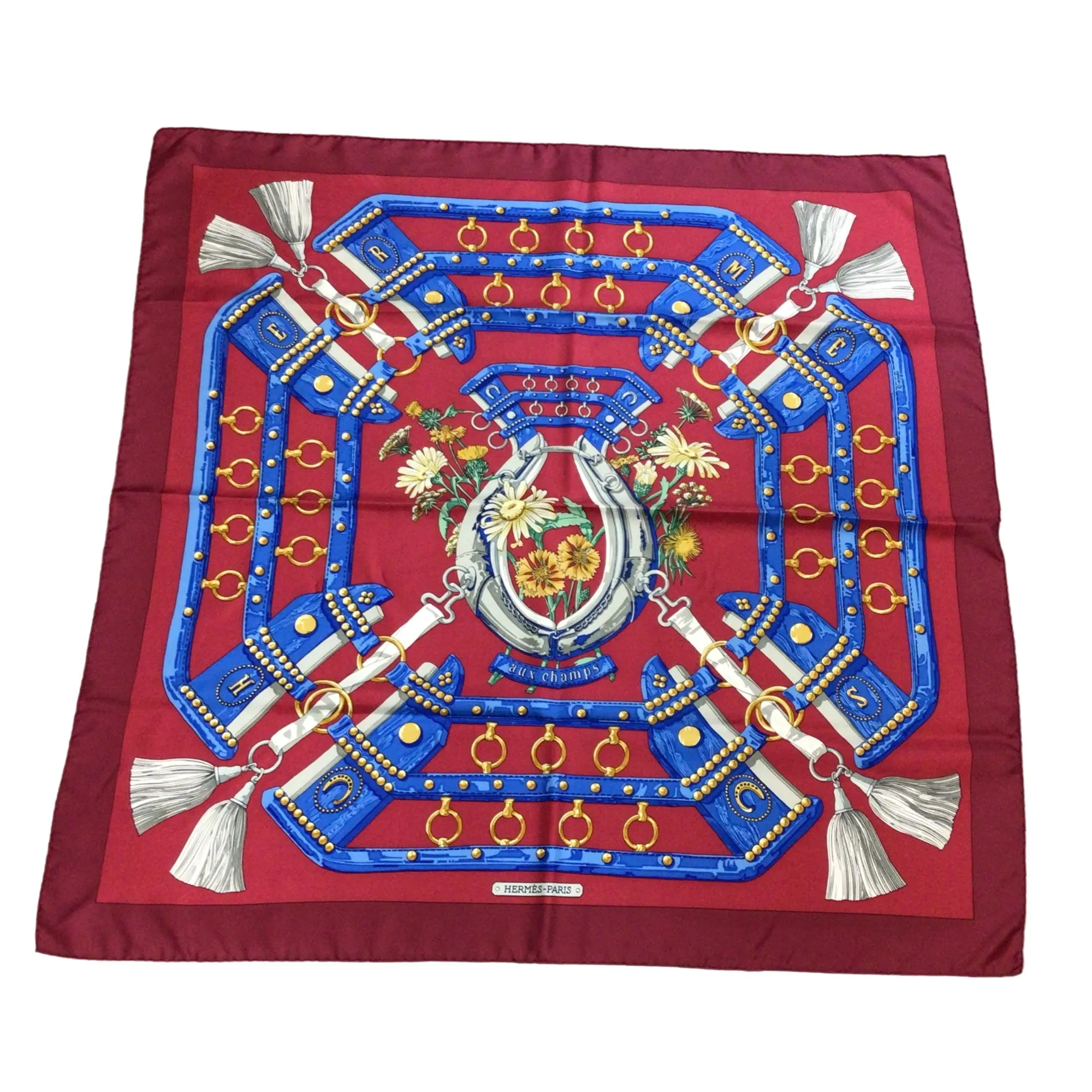 Hermes Red / Blue Multi Aux Champs Square Silk Twill Scarf