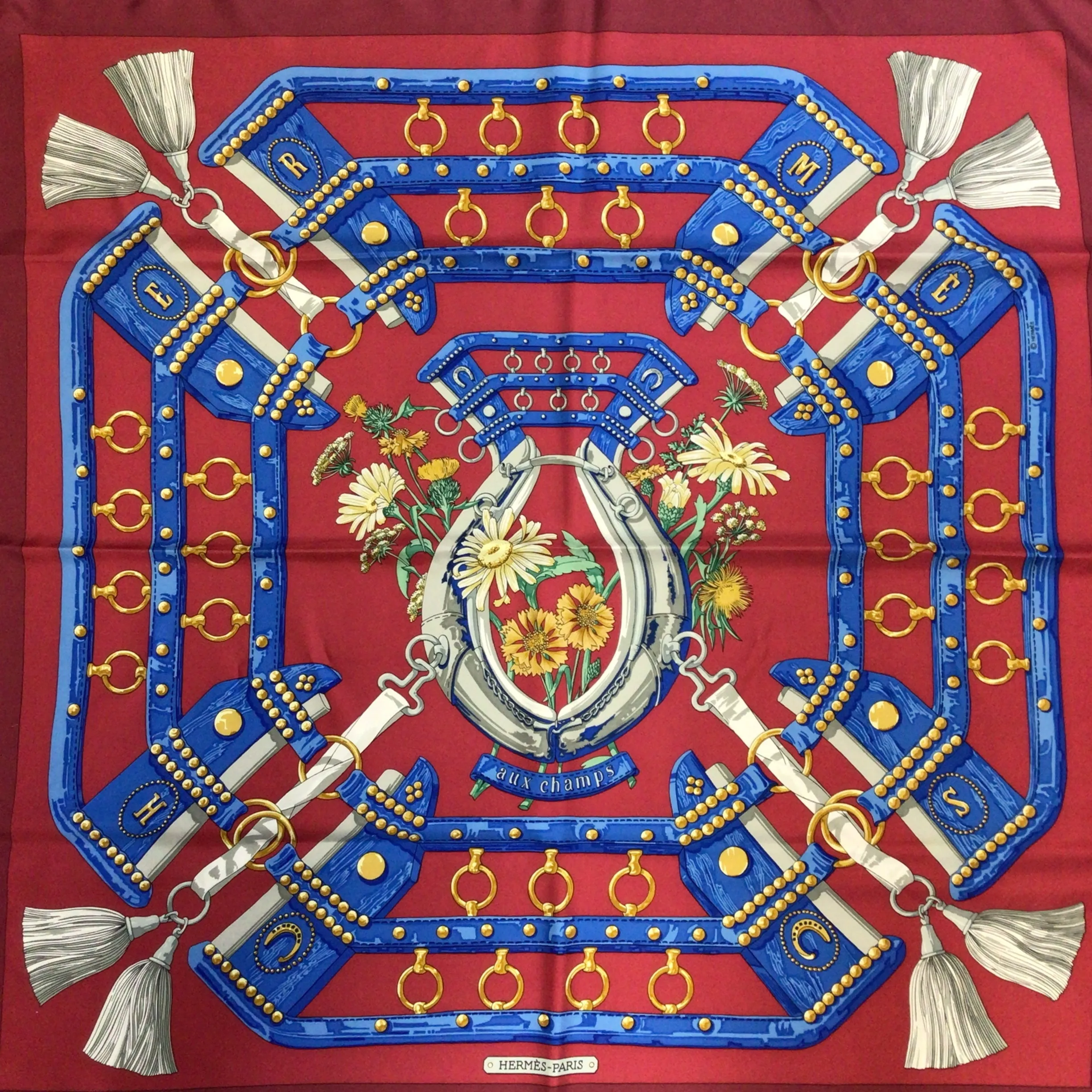 Hermes Red / Blue Multi Aux Champs Square Silk Twill Scarf