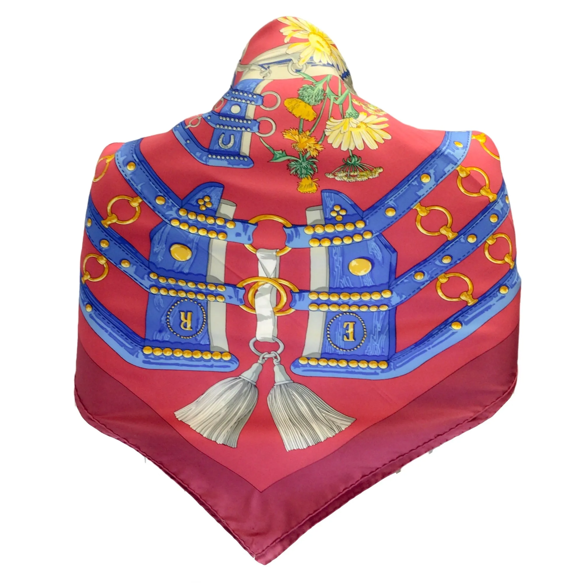 Hermes Red / Blue Multi Aux Champs Square Silk Twill Scarf