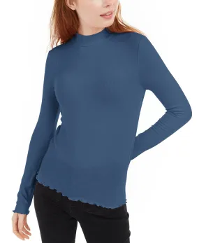 Hippie Rose Juniors' Ribbed Mock-Neck Top Dark Blue Size Extra Large