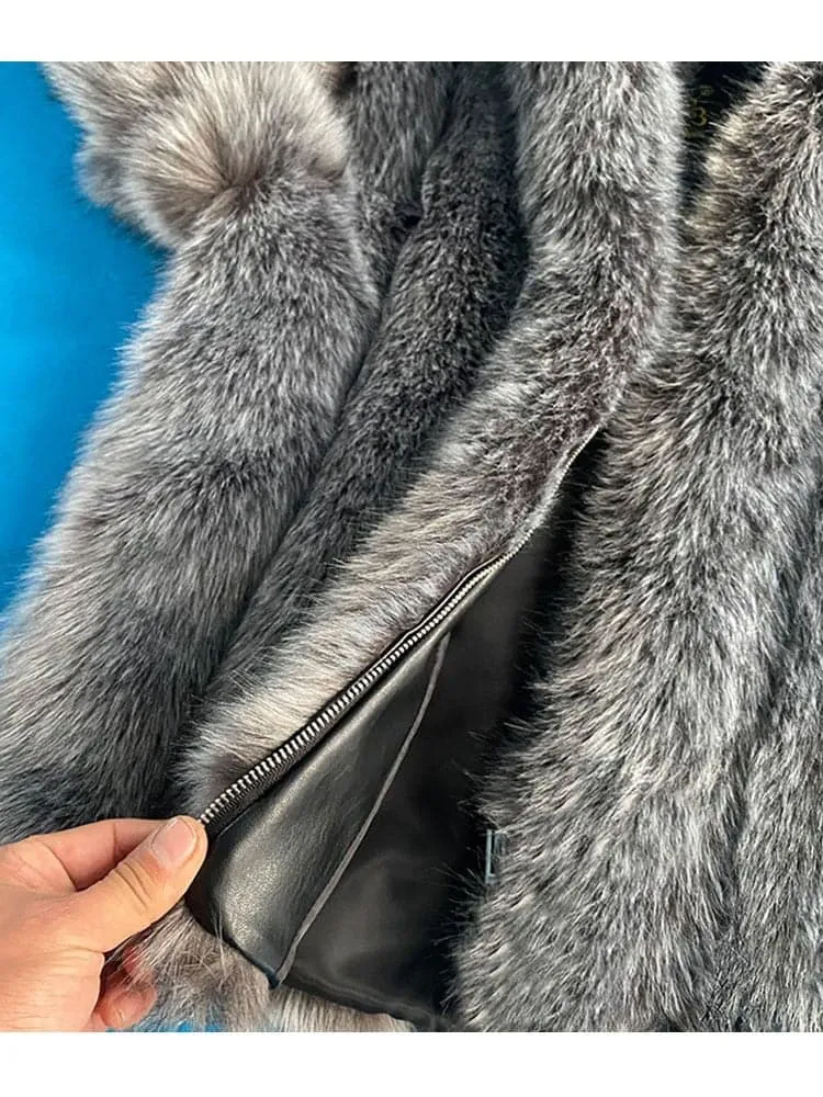 Hooded Faux Silver Fox Fur Coat - Luxurious Winter Outerwear