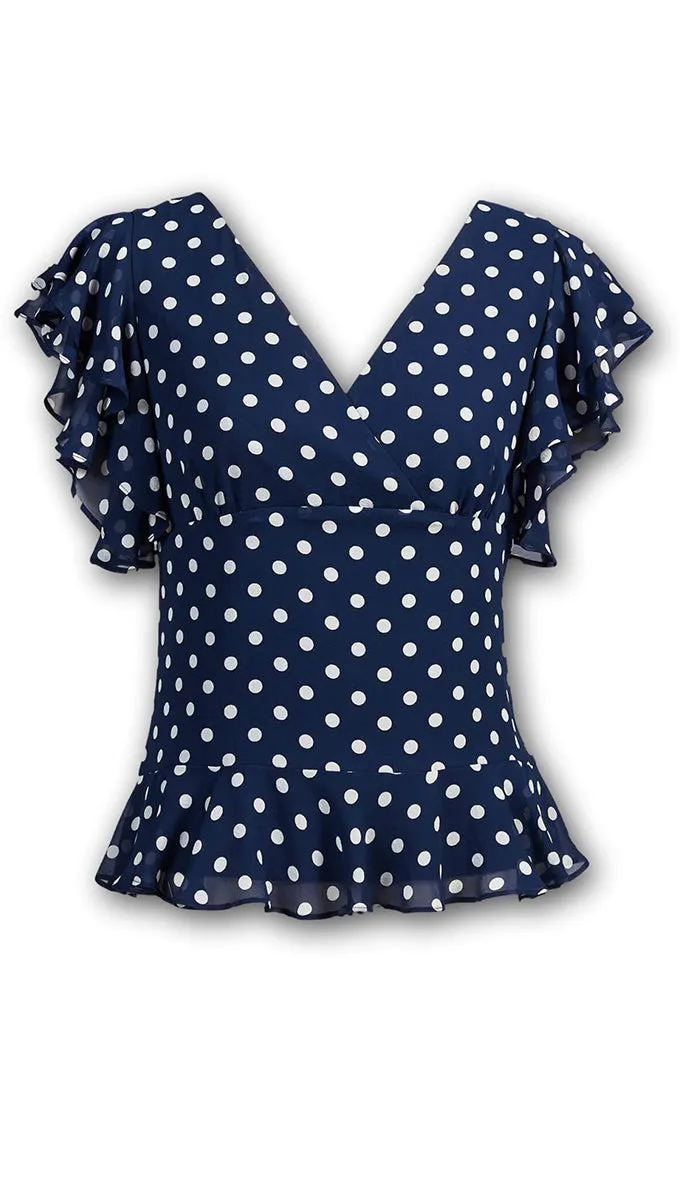 J. Peterman Women's Silk Modern-Fitted Double Layer Flutter Sleeve V-Neckline Blouse - Navy and White Polka Dots