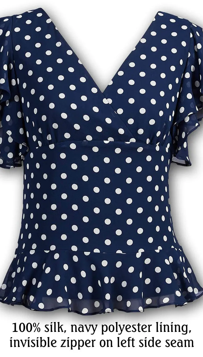 J. Peterman Women's Silk Modern-Fitted Double Layer Flutter Sleeve V-Neckline Blouse - Navy and White Polka Dots