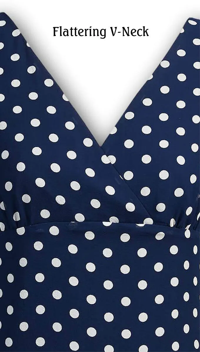 J. Peterman Women's Silk Modern-Fitted Double Layer Flutter Sleeve V-Neckline Blouse - Navy and White Polka Dots