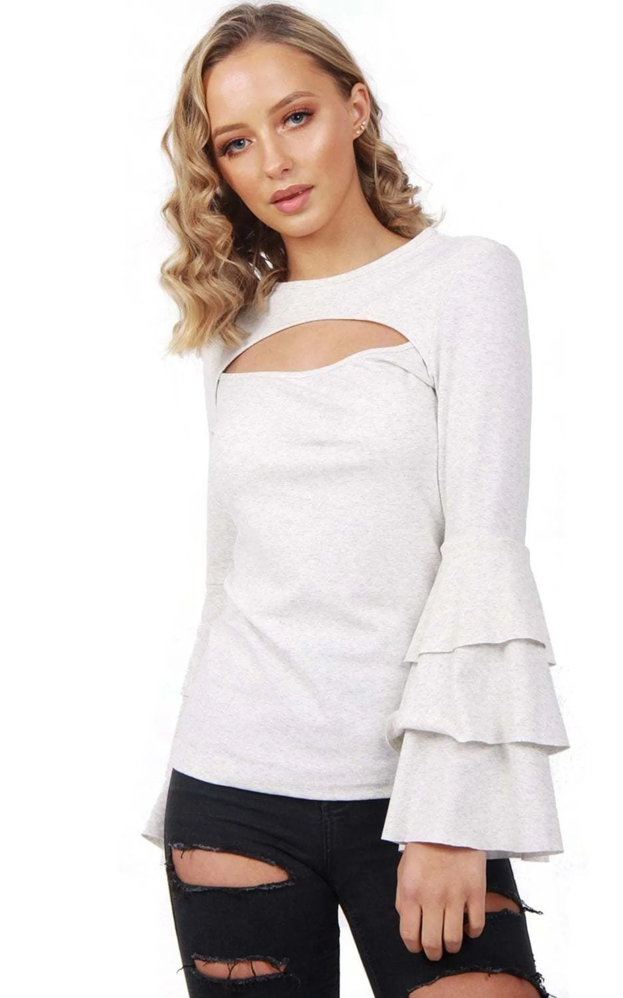 Jersey Stretch Cotton Ruffle Bell Sleeve Top