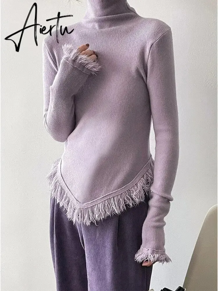 Korean Chic  Autumn Winter Elegant Tassel Spliced Sweater Pullover Women Turtleneck Long Sleeve Black Knitted Jumper