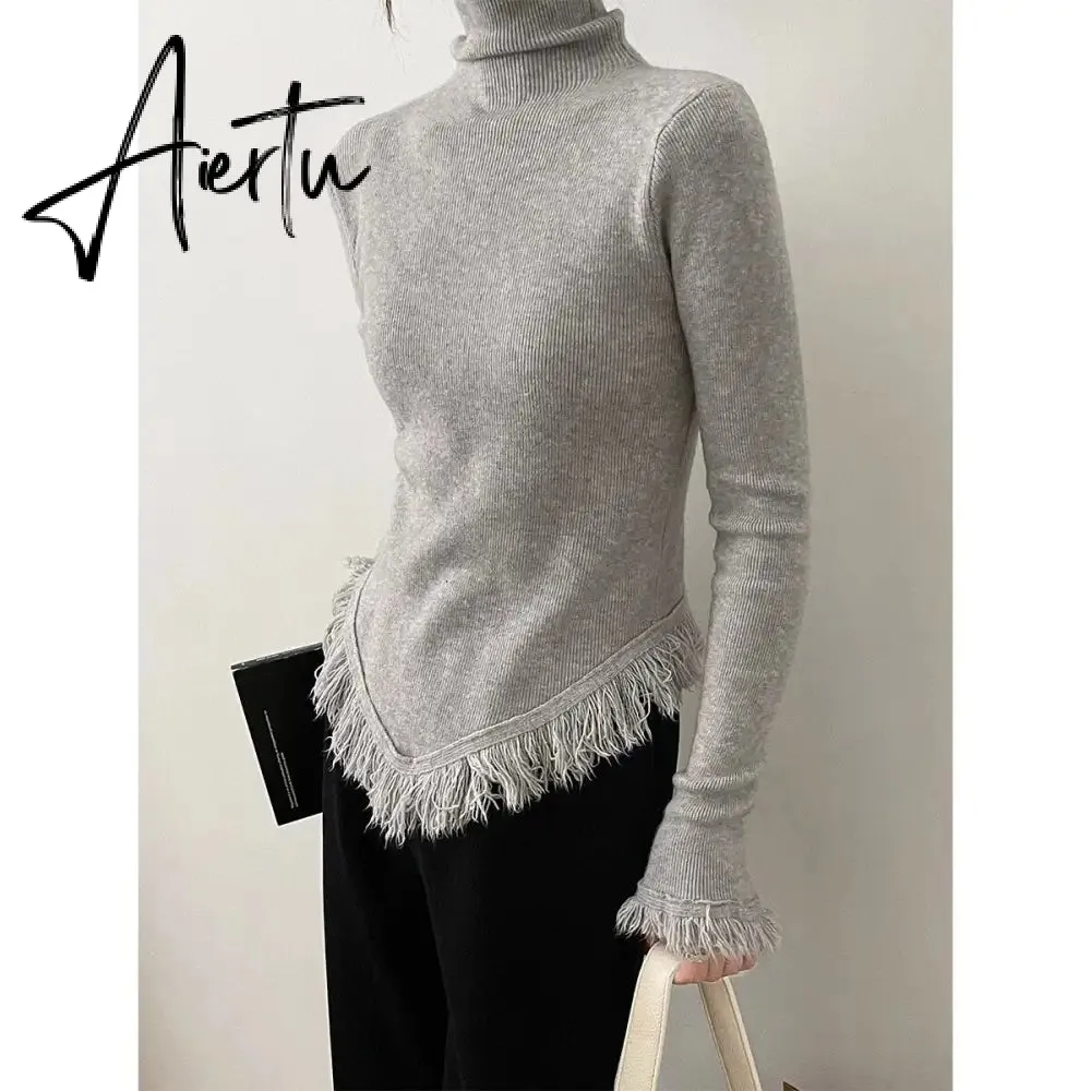 Korean Chic  Autumn Winter Elegant Tassel Spliced Sweater Pullover Women Turtleneck Long Sleeve Black Knitted Jumper