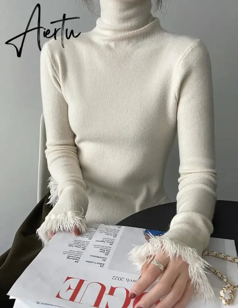 Korean Chic  Autumn Winter Elegant Tassel Spliced Sweater Pullover Women Turtleneck Long Sleeve Black Knitted Jumper