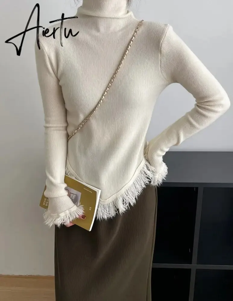 Korean Chic  Autumn Winter Elegant Tassel Spliced Sweater Pullover Women Turtleneck Long Sleeve Black Knitted Jumper