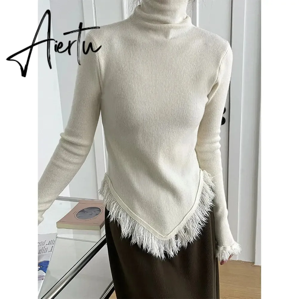 Korean Chic  Autumn Winter Elegant Tassel Spliced Sweater Pullover Women Turtleneck Long Sleeve Black Knitted Jumper