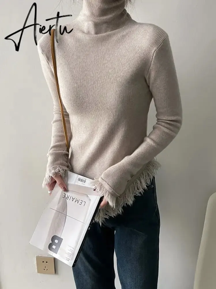 Korean Chic  Autumn Winter Elegant Tassel Spliced Sweater Pullover Women Turtleneck Long Sleeve Black Knitted Jumper