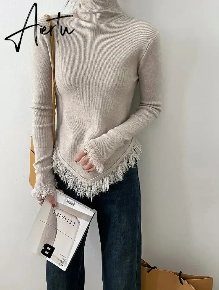 Korean Chic  Autumn Winter Elegant Tassel Spliced Sweater Pullover Women Turtleneck Long Sleeve Black Knitted Jumper