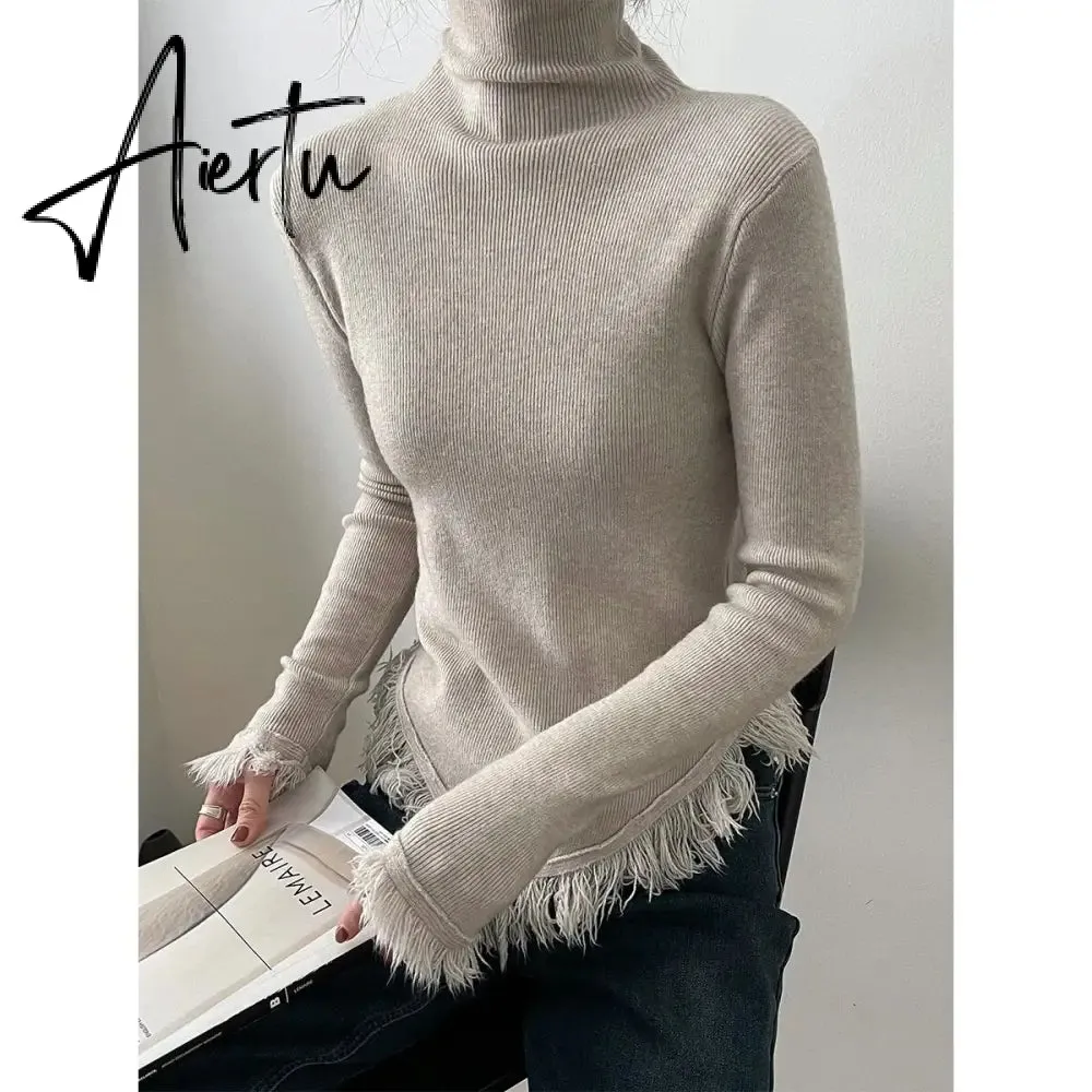 Korean Chic  Autumn Winter Elegant Tassel Spliced Sweater Pullover Women Turtleneck Long Sleeve Black Knitted Jumper