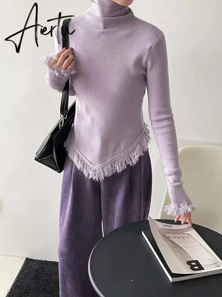 Korean Chic  Autumn Winter Elegant Tassel Spliced Sweater Pullover Women Turtleneck Long Sleeve Black Knitted Jumper