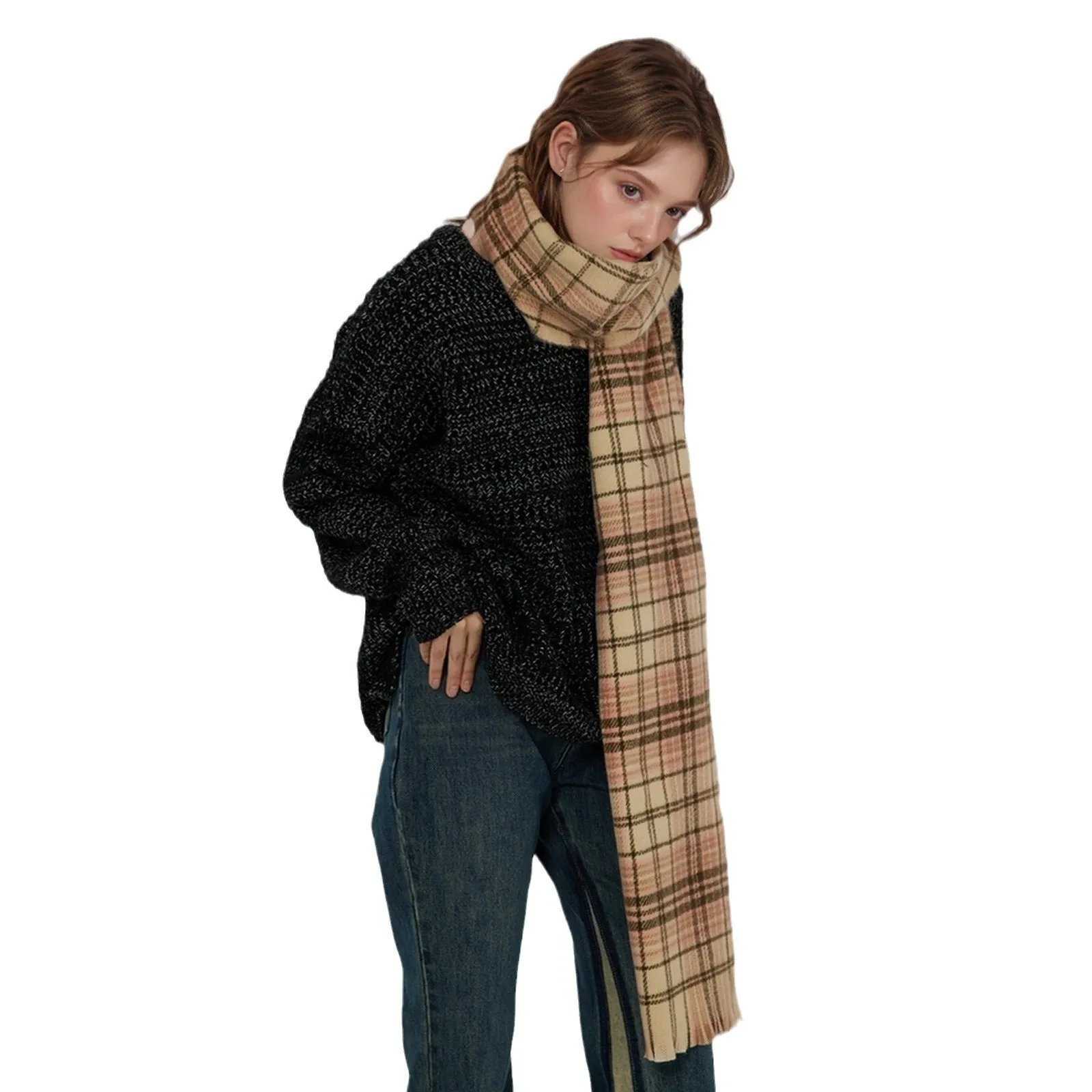 Korean Elegant Fashionable Soft Warm Cozy Plaid Classic Trendy Shawl Scarf