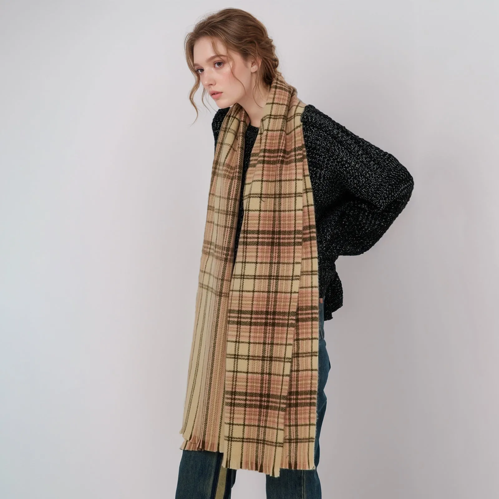 Korean Elegant Fashionable Soft Warm Cozy Plaid Classic Trendy Shawl Scarf