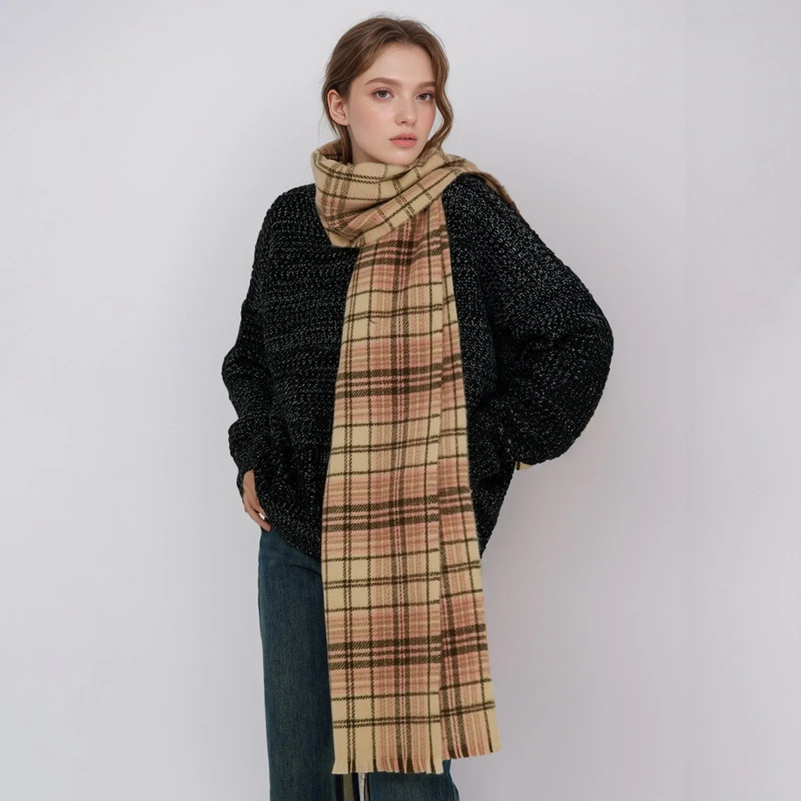 Korean Elegant Fashionable Soft Warm Cozy Plaid Classic Trendy Shawl Scarf