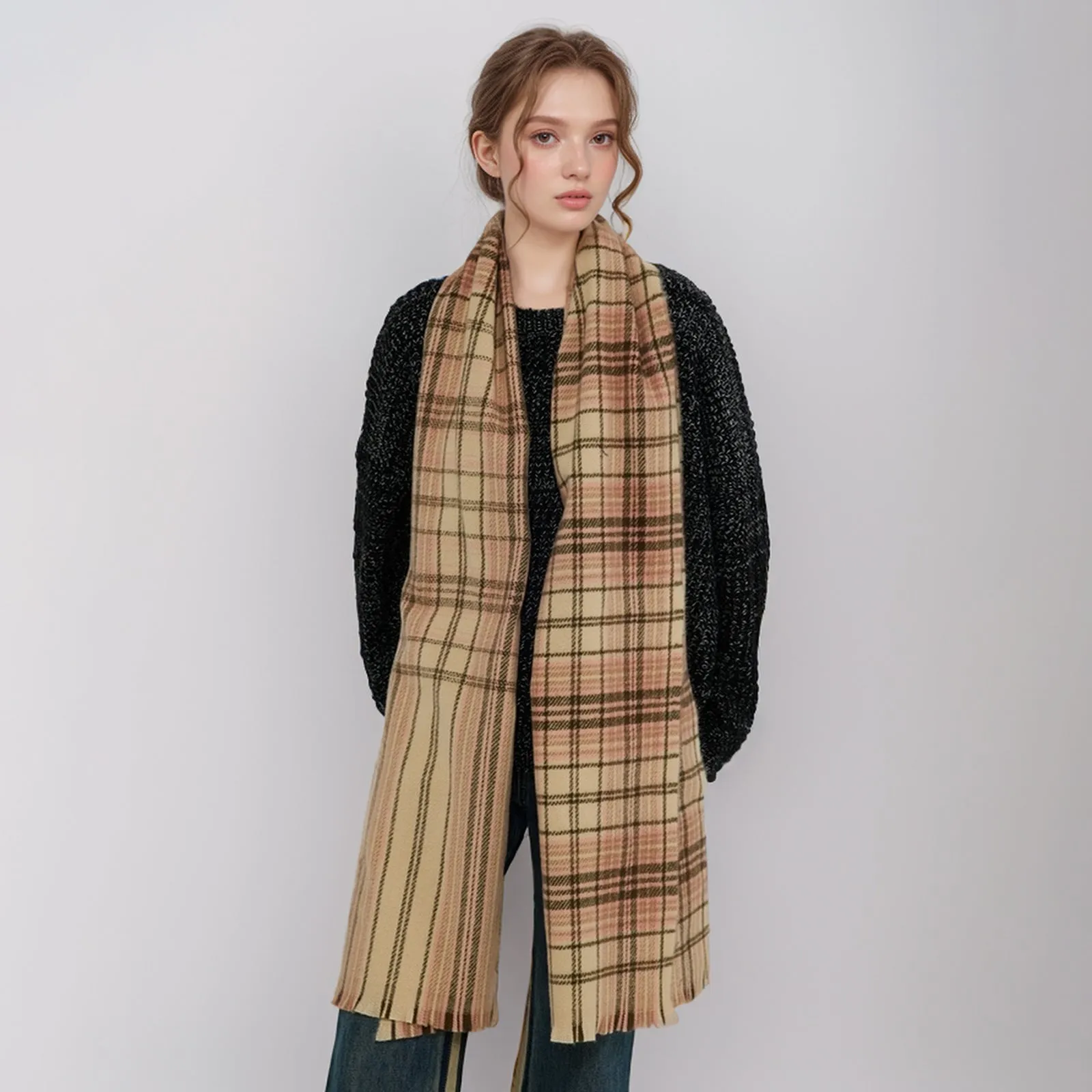 Korean Elegant Fashionable Soft Warm Cozy Plaid Classic Trendy Shawl Scarf