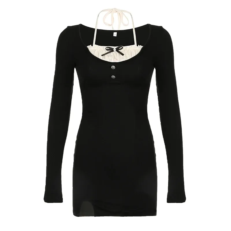 Korean Fashion Patched Knit Skinny Autumn Dress Mini Long Sleeve Basic Bow Cute Halter Female Casual Dresses Clothing