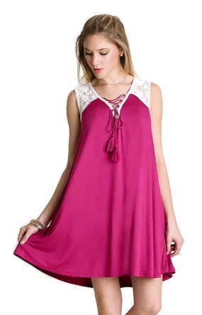 Lace Up Tassel Tie Dress, Berry