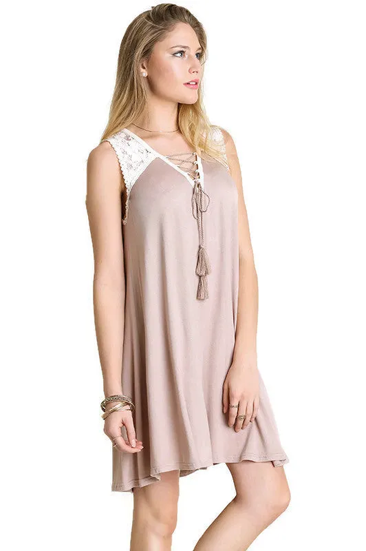 Lace Up Tassel Tie Dress, Latte